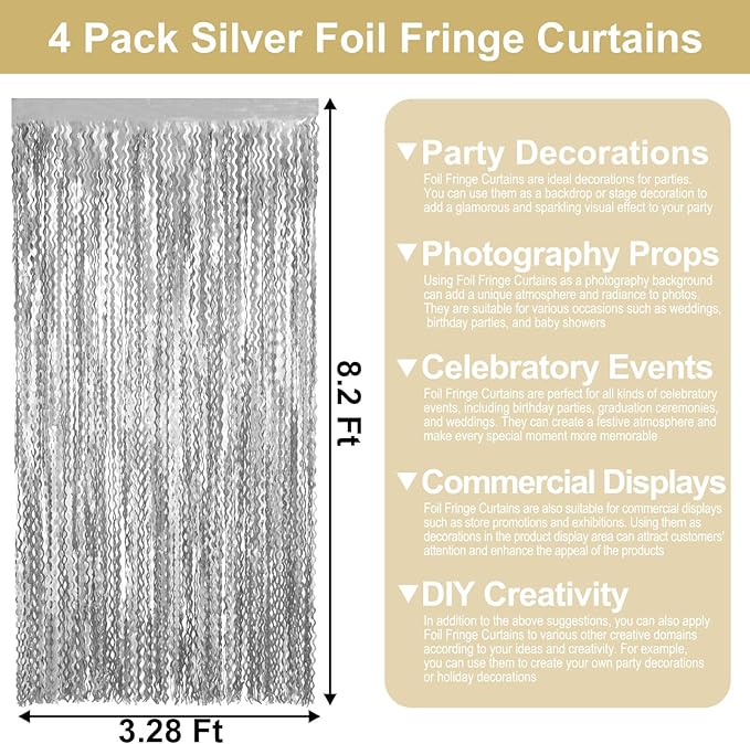 4 Pack Silver Wave Foil Fringe Curtain Backdrop, 3.28Ft x 8.2Ft Metallic Tinsel - Image 2