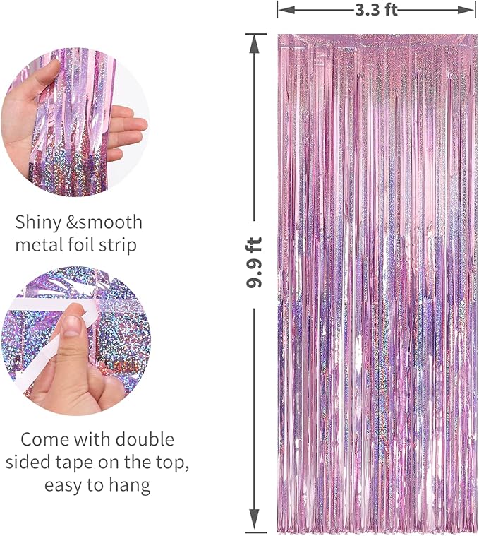 Crosize 2 Pack 3.3 x 9.9 ft Pink Foil Fringe Backdrop Curtain, Streamer - Image 2