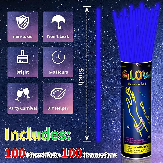 100 Pack 8” Blue Glow Sticks Bulk - Image 2
