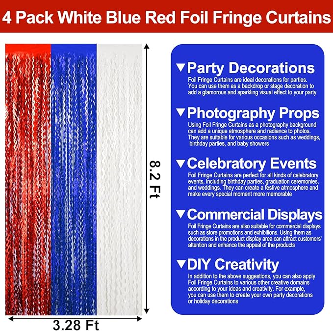 4 Pack White Blue Red Wave Foil Fringe Curtain Backdrop, 3.28Ft x 8.2Ft - Image 2