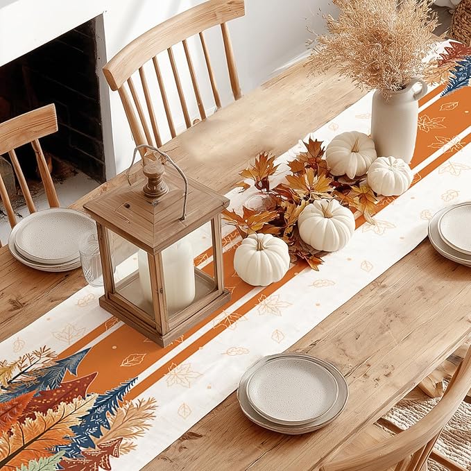 GEEORY Fall Watercolor Trees & Maple Leaves Striped Table Runner 13x90 Inch - Image 7