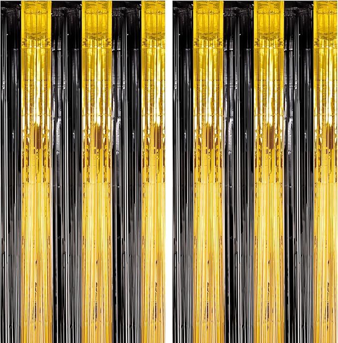 2 Pack Black and Gold Foil Fringe Backdrop Curtains, Tinsel Streamers Birthday by Voircoloria