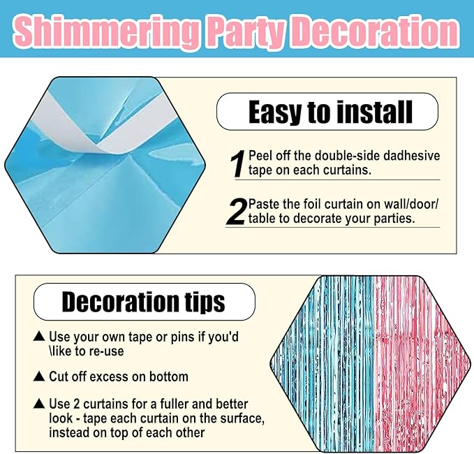6 Pack Pink Blue Foil Fringe Curtain Backdrop, 3.28Ft x 8.2Ft Metallic Tinsel - Image 3