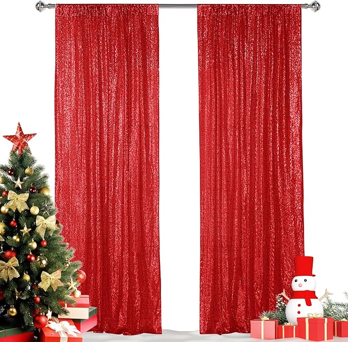 Hahuho Red Sequin Backdrop Curtain, Party Decoration（2 Panels, 2FT x 8FT by Hahuho