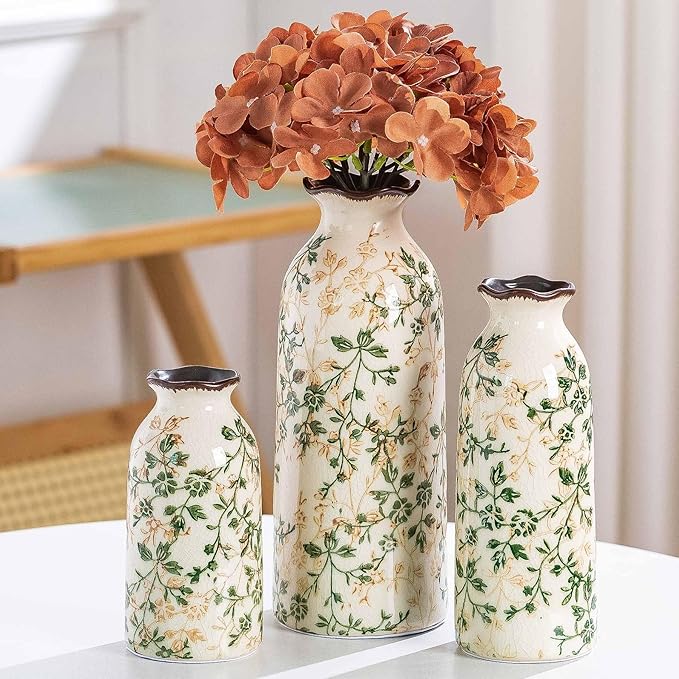 Ceramic Vase Set of 3, Vintage Green and Beige Vases Set, Flower Rustic - Image 7