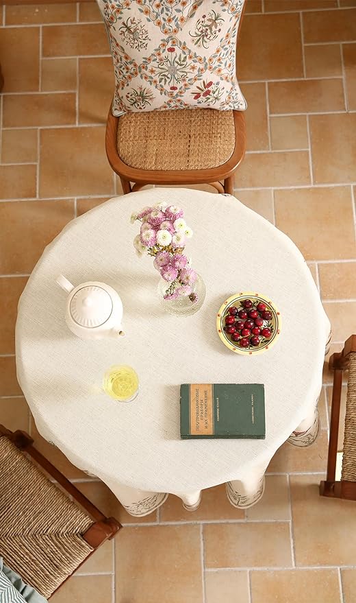 ISAENNE Designer Off White Linen Round Tablecloth, Floral Elegant Table Cloth - Image 7