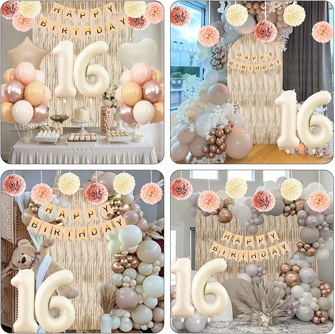 Beige 16th Birthday Decorations Girls Boys Cream Number 16 Balloon Nude Gold - Image 6