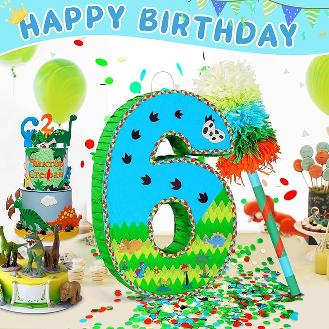 Number 6 Pinata for Birthday Party Decorations, Jungle Dinosaur Piñata Games Toy - Image 2
