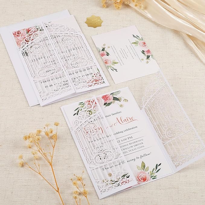 50Pcs White Laser Cut Invitations Fence Wedding Invitations Pocket - Image 7