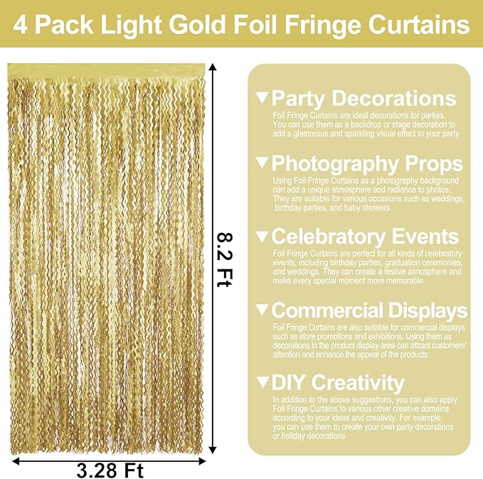 4 Pack Light Gold Wave Foil Fringe Curtain Backdrop, 3.28Ft x 8.2Ft Metallic - Image 2