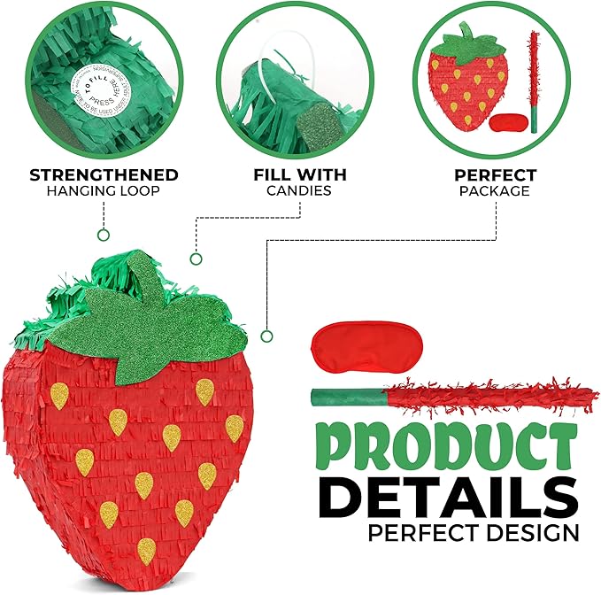 Strawberry Pinatas Bundle with a Blindfold and a Bat, Fruit Theme Parties - Image 3