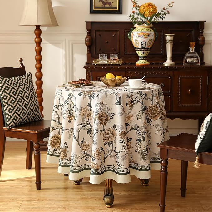 ISAENNE Designer Vintage Linen Small Round Table Cloth, Floral and Bird Pattern - Image 2