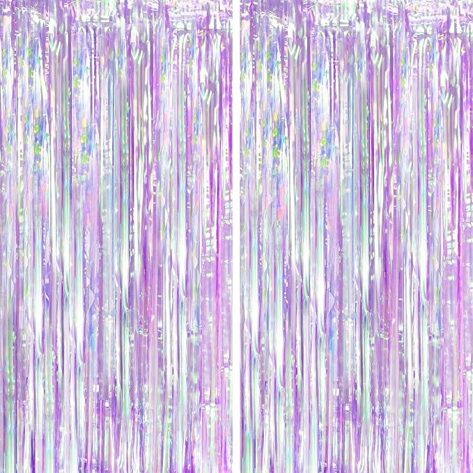 2 Pack Iridescent Purple Foil Fringe Curtains, Glittering Tinsel Streamers by Voircoloria