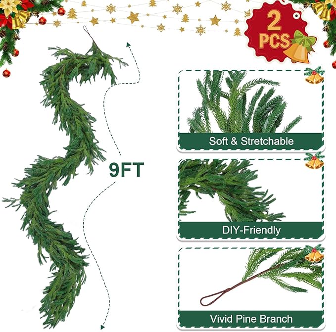 Hananona 9 Ft 2 Pcs Artificial Norfolk Pine Garlands, Realistic Pine Garland - Image 3