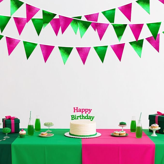 Pink and Green Party Decorations Metallic Hot Pink Light Green Fabric Triangle - Image 4