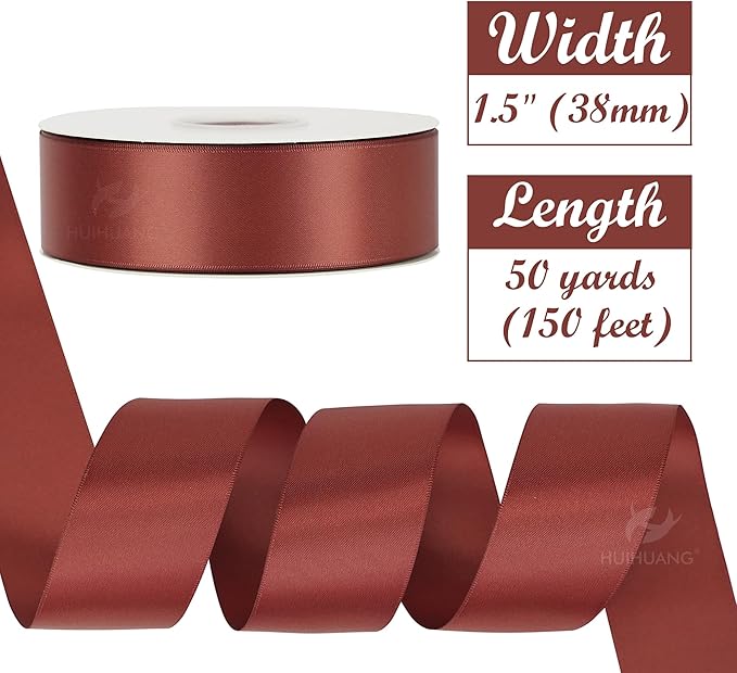 HUIHUANG 1-1/2 inch Double Face Satin Ribbon, Polyester Satin Rust Red Ribbon - Image 2