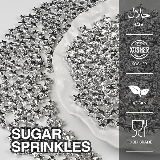 Silver Sprinkles for Cake Decorating, Star Candy Sugar, Mix Size, 150g/5.29oz - Image 6