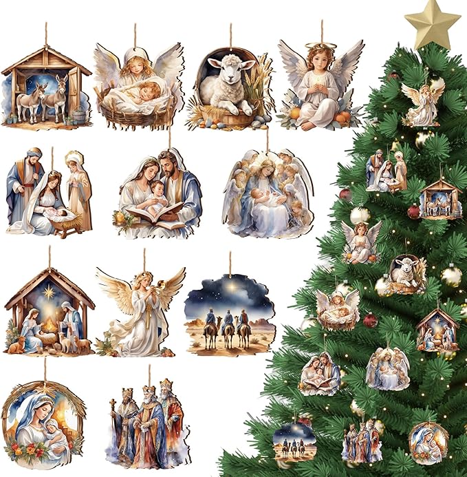 Suzile 36 Pcs Christmas Wooden Ornaments Nativity Ornaments Religious Christmas by Suzile
