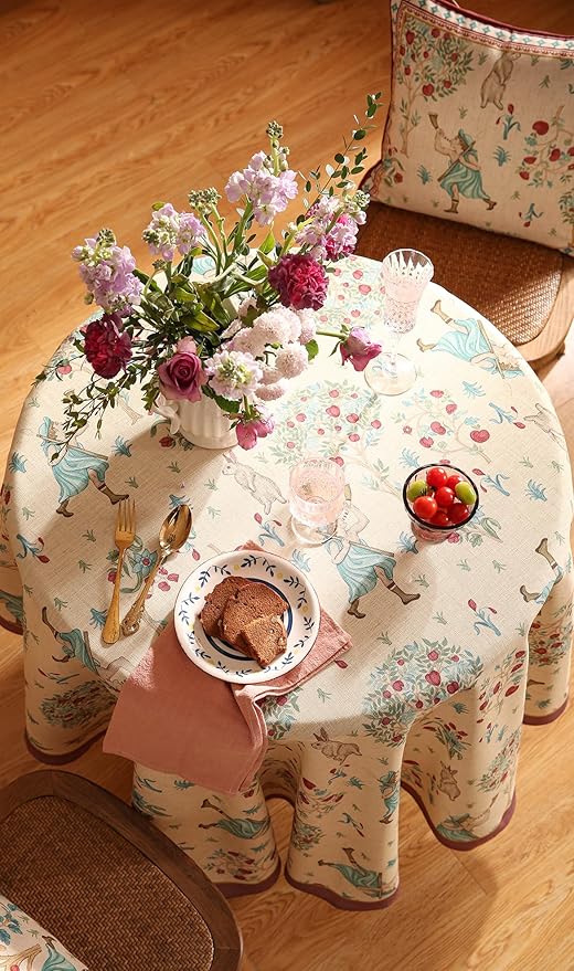 patdrea Designer Linen Beige Round Tablecloth, Vintage Italian Trees Pattern - Image 3