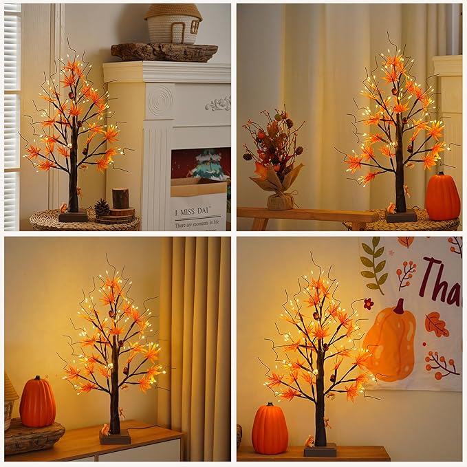 24” 72 LED Fall Decorations for Home, Birch Tree Lighted Fall Maple Leaves - Image 5