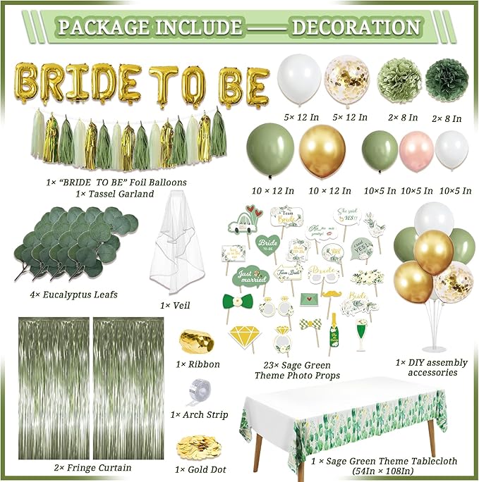 310 Pcs Sage Green Bridal Shower Decorations, Bachelorette Party Decorations - Image 2