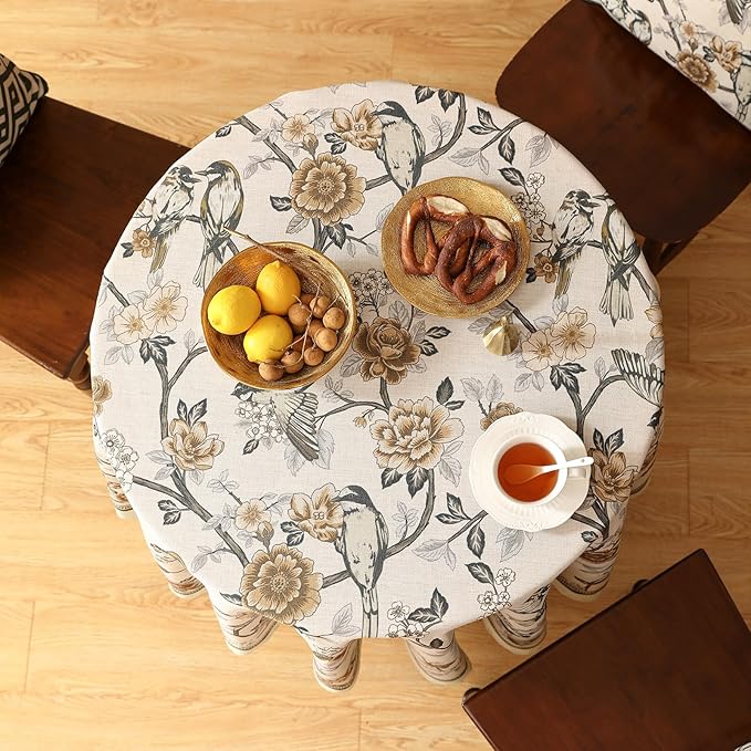 ISAENNE Designer Vintage Linen Small Round Table Cloth, Floral and Bird Pattern - Image 7