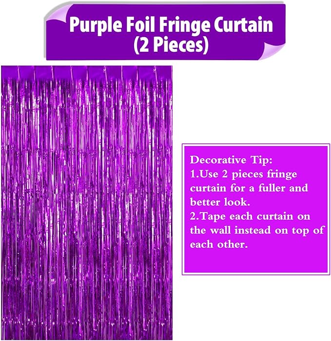 2 Pack Purple Fringe Curtains Foil Shiny Fringe Backdrop Tinsel Door Streamers - Image 6