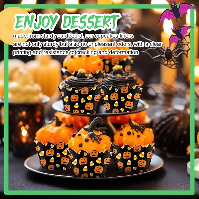 Domensi 100 Pcs Halloween Pumpkin Cupcake Wrappers Rustic Cupcake Liners - Image 2