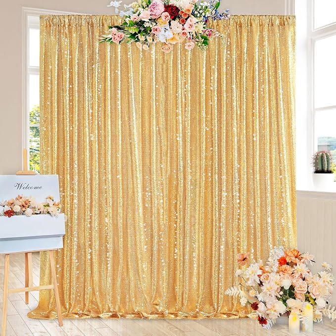 QueenDream Gold Sequin Backdrop Curtain Party Decorations: 10ft x 10ft Glitter - Image 5