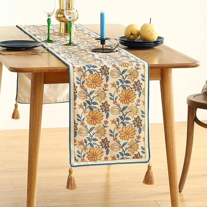 ISAENNE Designer Bohemian Elegant Linen Table Runner 87 Inches Long, Floral - Image 2