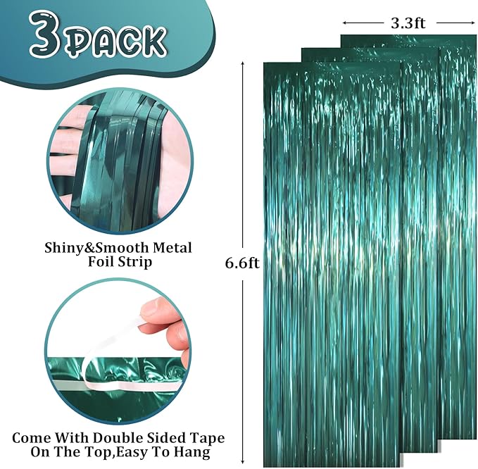 3 Pack 3.3 x 6.6 ft Dark Green Foil Fringe Backdrop Curtains, Tinsel Streamers - Image 3