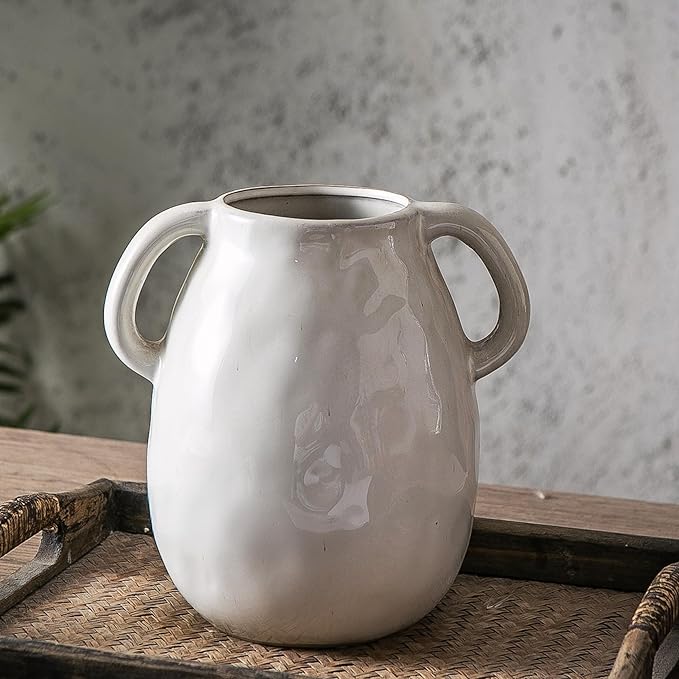 Kimdio White Ceramic Vase with 2 Handles, Modern Farmhouse Vases - Image 3