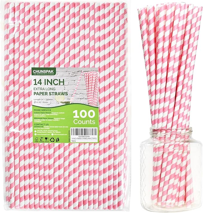 14 inch Extra Long Disposable Pink/White Striped Paper Drinking Straws 0.31" by chunspak