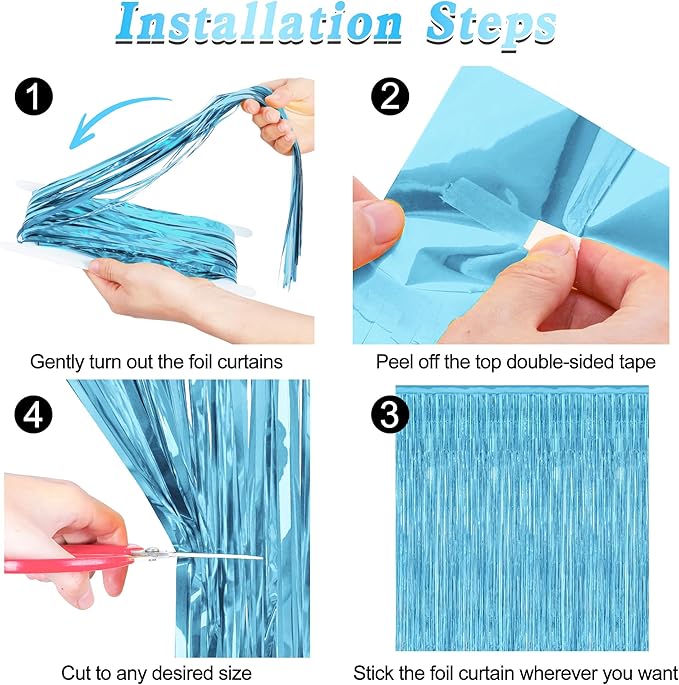 4 Pack Party Decorations, 3.28 FT x 7.05 FT Blue Foil Streamers, Metallic Sky - Image 3