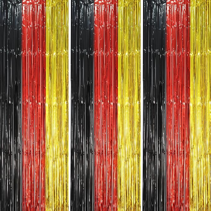 3 Pack 3.3 x 8.2 ft Red Black Gold Foil Fringe Backdrop Curtains, Tinsel by Voircoloria