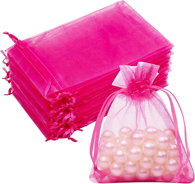 50 Pcs Hot Pink Organza Bags, 3x4 Inch Small Mesh Bags Drawstring Jewelry Pouch by CRWEETY
