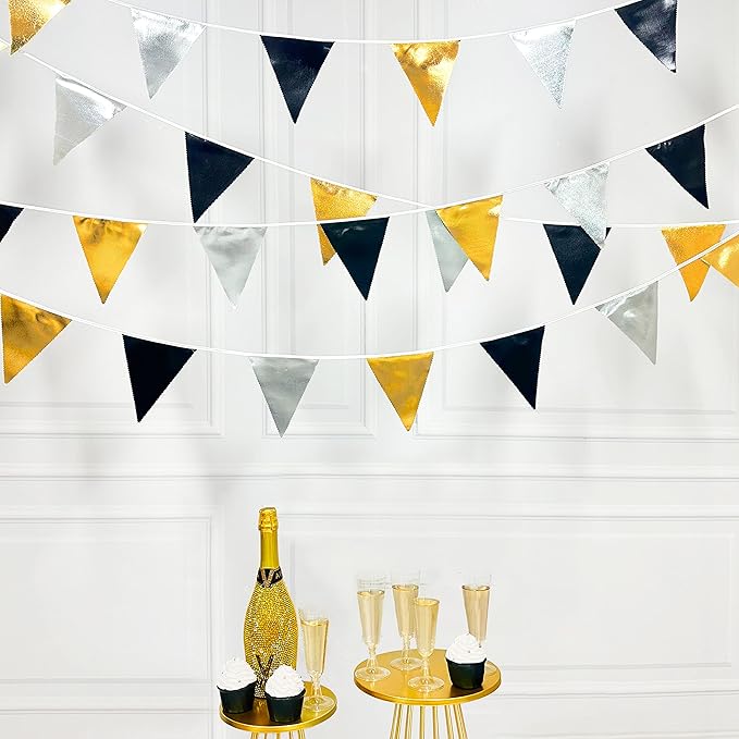 Black Gold Silver Party Decoration Triangle Pennant Banner Flag Metallic Fabric - Image 5