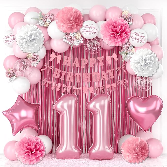 11th Birthday Decorations for Girls Pink Number 11 Balloon Bow Coquette Happy by KAINSY