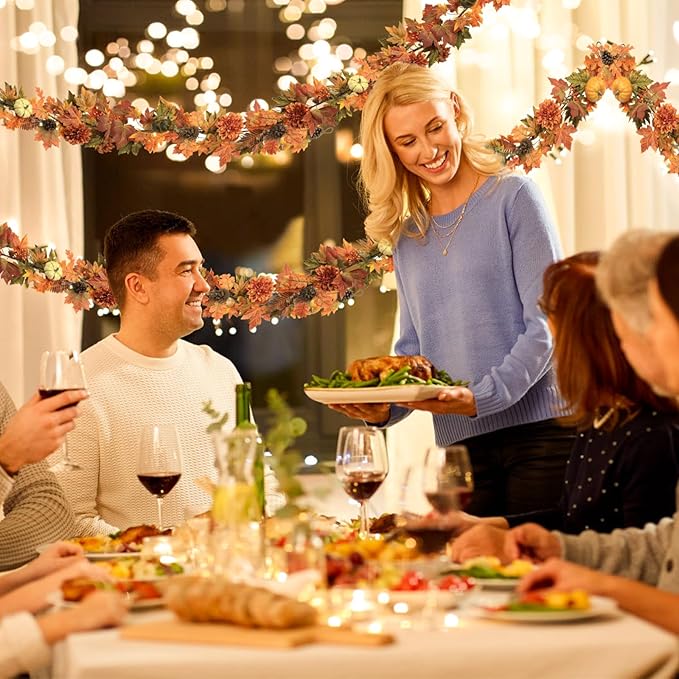 Artificial Fall Maple Leaves Garland Hanging Vine 6Ft Fake Pumpkin Pine Berries - Image 3