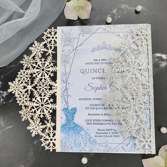 20 sets glitter snowflake invitations, laser cut wedding invitations, DIY - Image 4