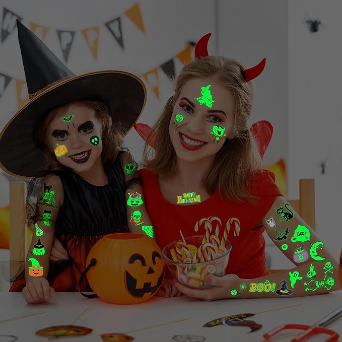 145 Styles Halloween Tattoos for Kids, Glow in Dark Ghosts Pumpkin Fake - Image 8