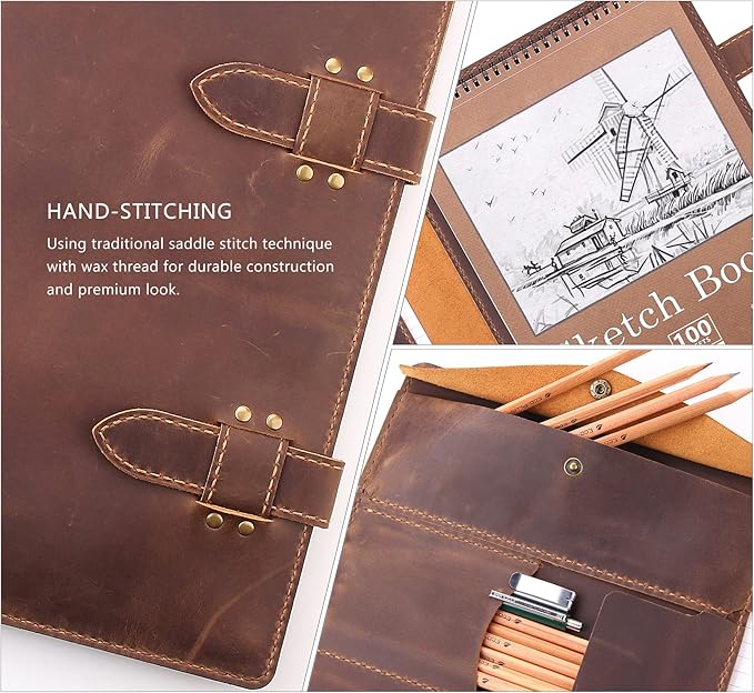 Robrasim Handmade Leather Sketchbook Cover, Artist Sketch Pad Holder - Image 4