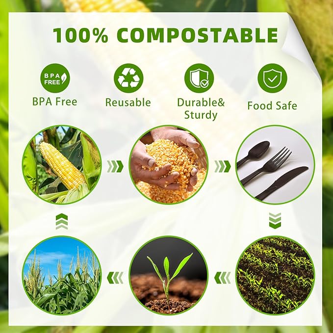 150 Count Black Compostable Silverware, Compostable Utensils, Disposable - Image 7