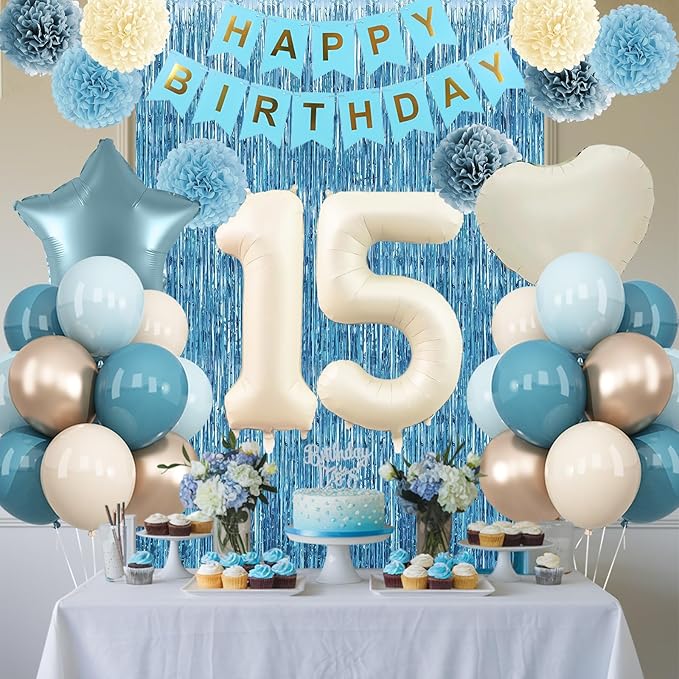 Dusty Blue 15th Birthday Party Decorations Boys Girls Beige Cream Number 15 - Image 2