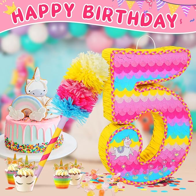 Number 5 Pinata for Birthday Party Decorations, Unicorn Mermaid Theme Pink - Image 2