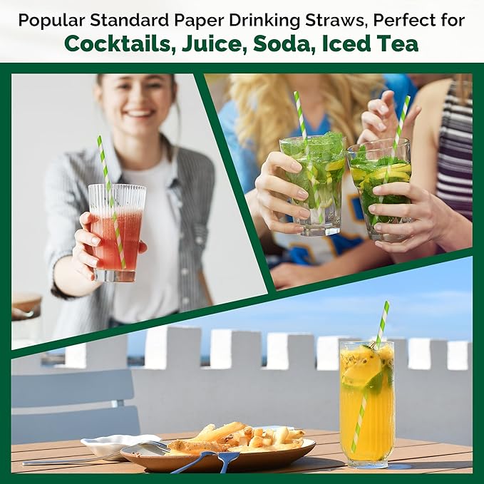7.75 Inch Green/White Striped Paper Drinking Straws Bulk, 100% Biodegradable - Image 6