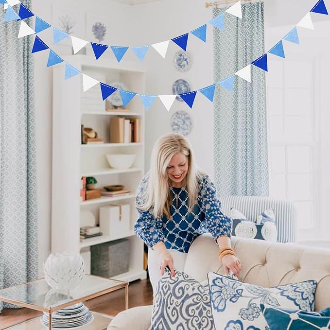 Blue Party Decorations Felt Hanging Triangle Mini Bunting Pennant Banner Flag - Image 8
