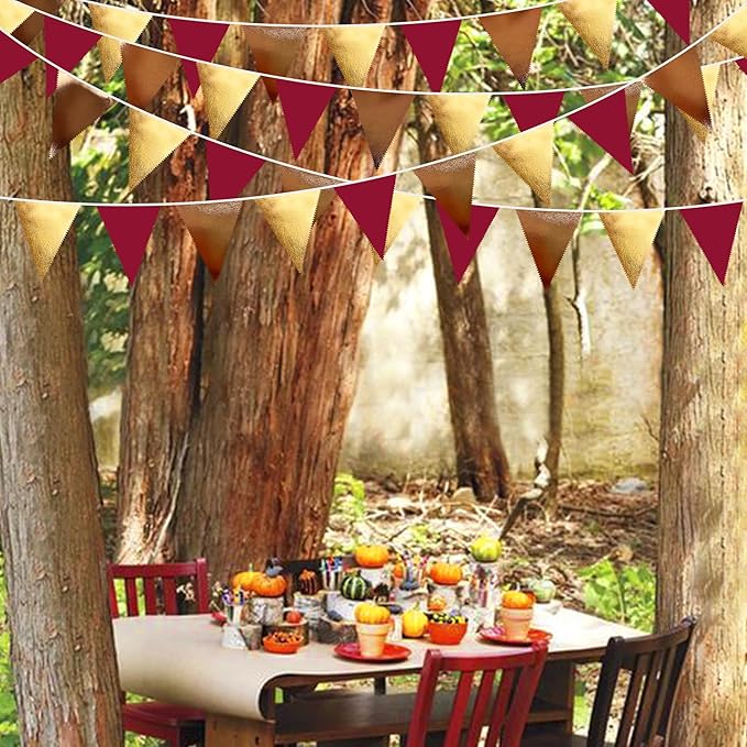 Fall Party Decorations Maroon Gold Brown Metallic Fabric Triangle Pennant - Image 6