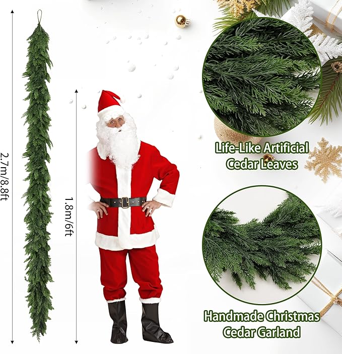 9FT Artificial Christmas Cedar Garland, Realistic Soft and Thick Touch Greenery - Image 2