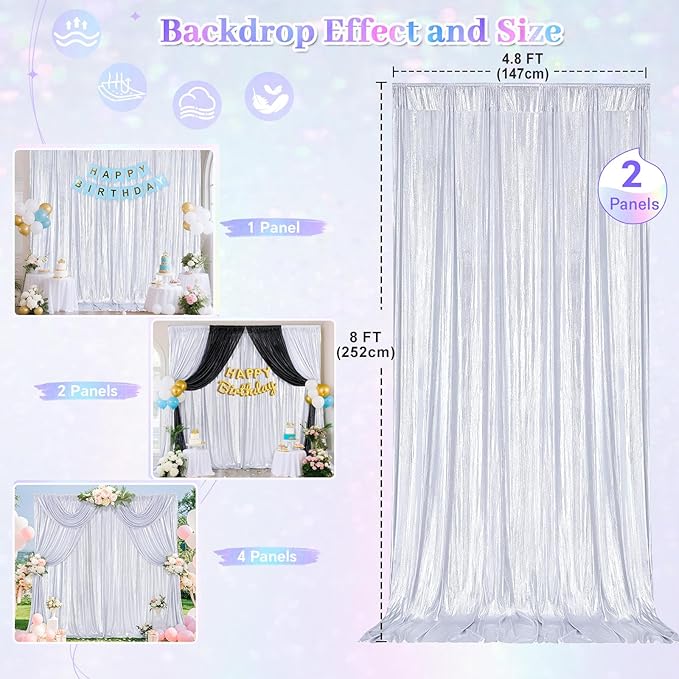 Silver Photo Backdrop 2 Panels 4.8x8FT Long Backdrop Drapes Curatin Glitter - Image 6